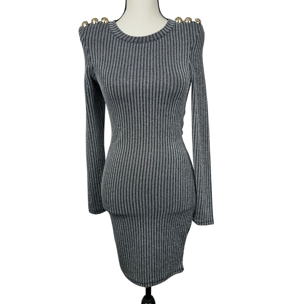 Fashion‎ Nova Women's Bodycon Mini Dress Small Black Metallic Ribbed Long Sleeve